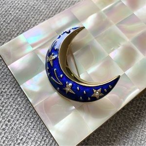 1960s BJ (Beatrix Jewelry) Enamel Crescent Moon with Rhinestones